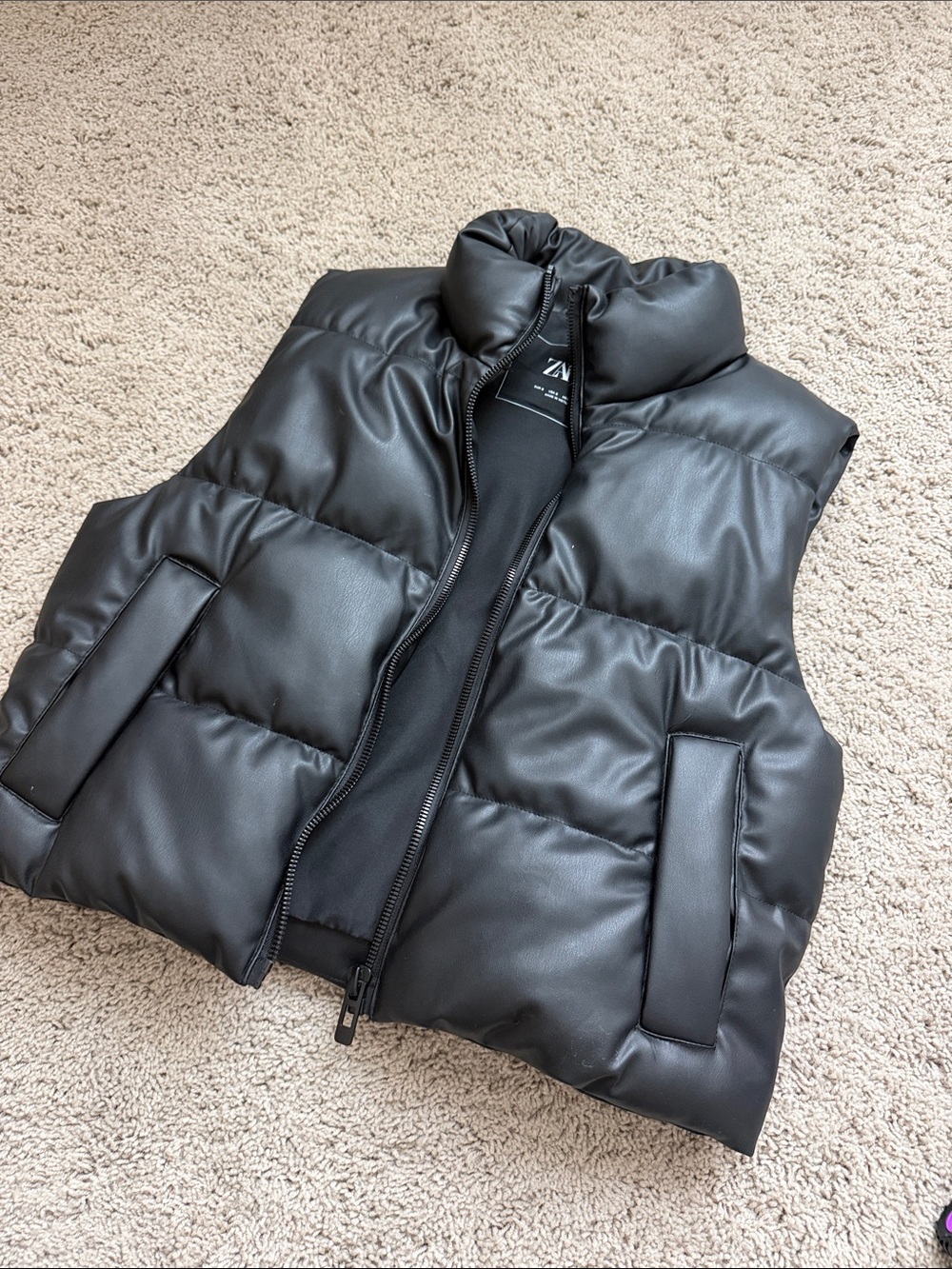 Zara Black Quilted Faux-Leather Puffer Vest